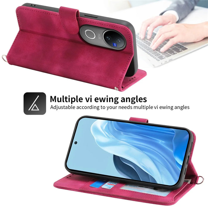 For vivo V50 5G Case Flower Pattern PU Leather Wallet Phone Cover with Strap - Wine Red - 3