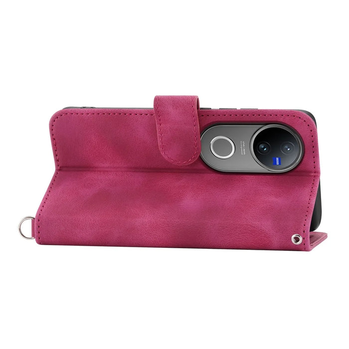 For vivo V50 5G Case Flower Pattern PU Leather Wallet Phone Cover with Strap - Wine Red - 5