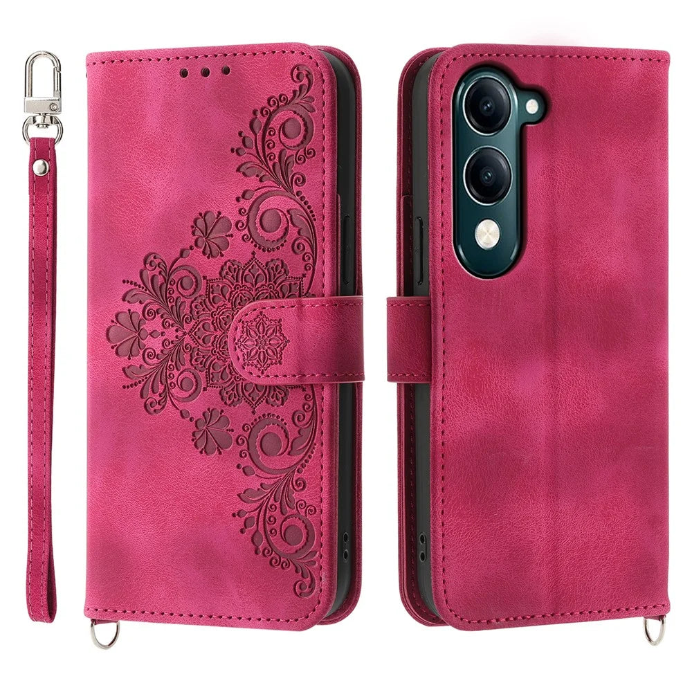For vivo Y04 4G  /  Y29s 5G Case Flower Pattern PU Leather Wallet Phone Cover with Strap - Wine Red - 1