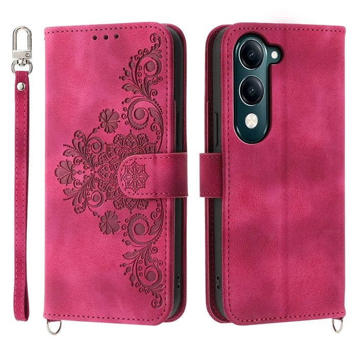 For vivo Y04 4G  /  Y29s 5G Case Flower Pattern PU Leather Wallet Phone Cover with Strap - Wine Red - 1
