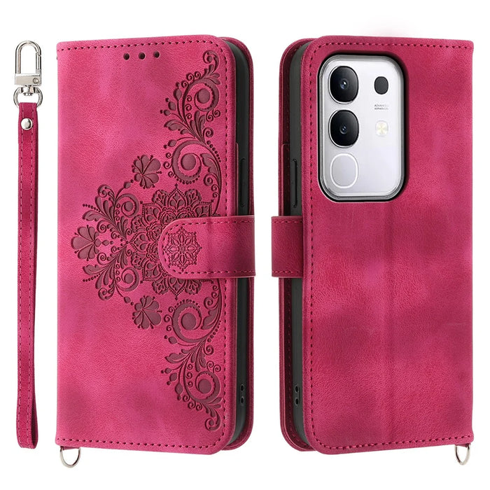 For vivo Y29 4G Case Flower Pattern PU Leather Wallet Phone Cover with Strap - Wine Red - 1