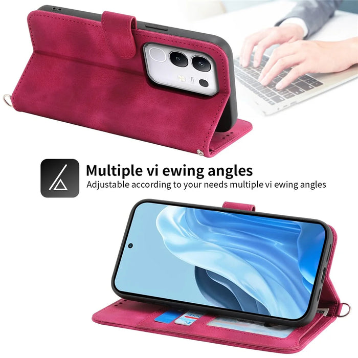 For vivo Y29 4G Case Flower Pattern PU Leather Wallet Phone Cover with Strap - Wine Red - 3