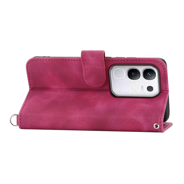 For vivo Y29 4G Case Flower Pattern PU Leather Wallet Phone Cover with Strap - Wine Red - 5