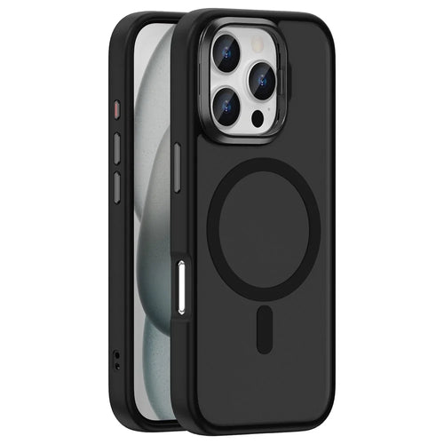 For iPhone 16 Pro Max Magnetic Case Anti Drop TPU + PC Phone Cover with Lens Frame Kickstand - Black - 1