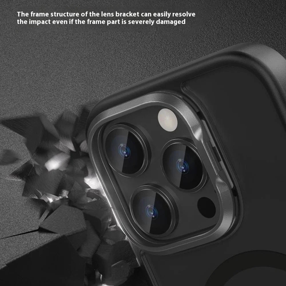 For iPhone 16 Pro Max Magnetic Case Anti Drop TPU + PC Phone Cover with Lens Frame Kickstand - Black - 4
