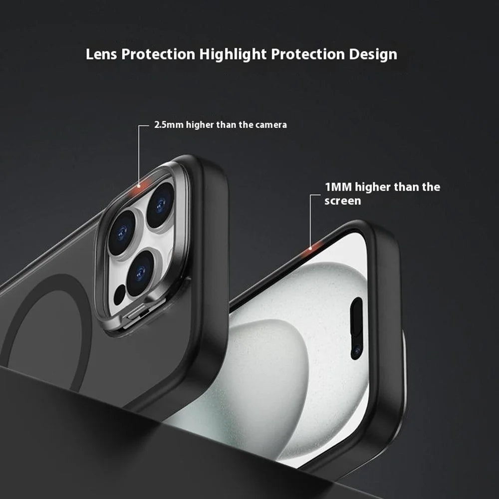 For iPhone 16 Pro Max Magnetic Case Anti Drop TPU + PC Phone Cover with Lens Frame Kickstand - Black - 5