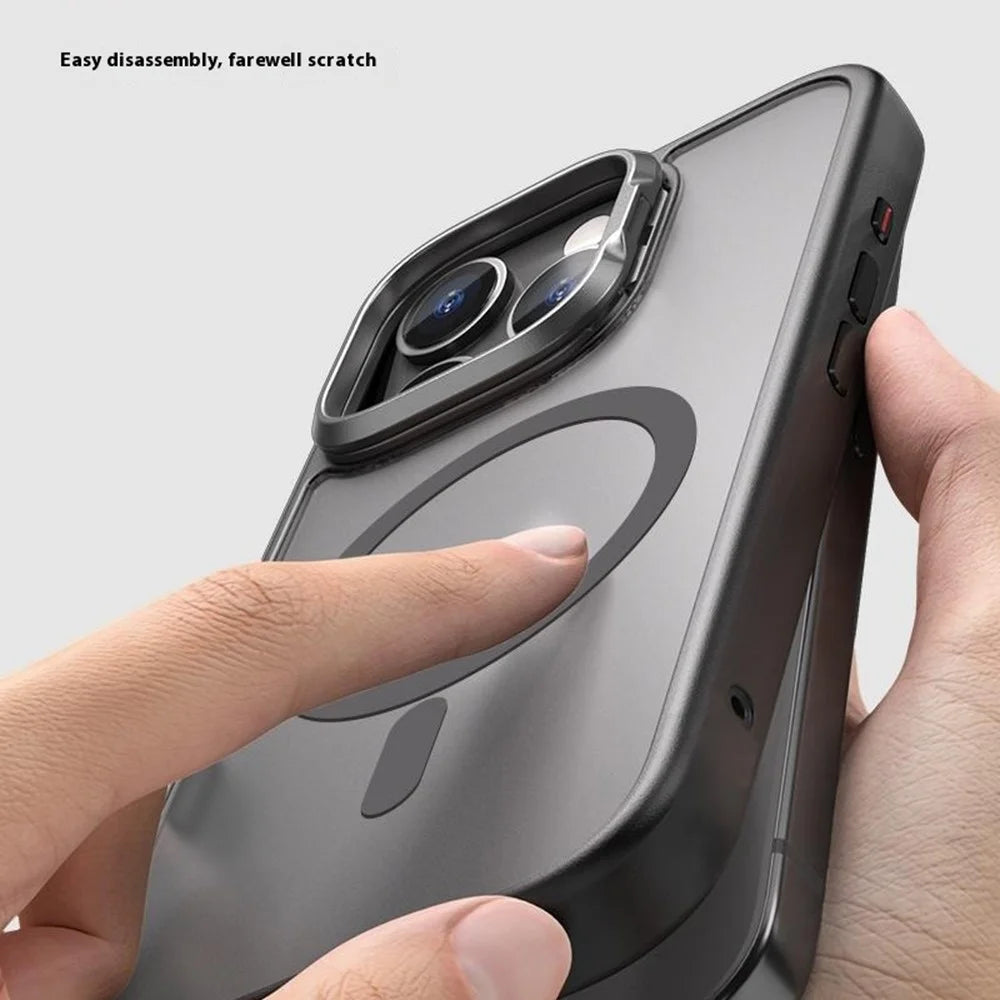 For iPhone 16 Pro Max Magnetic Case Anti Drop TPU + PC Phone Cover with Lens Frame Kickstand - Black - 7