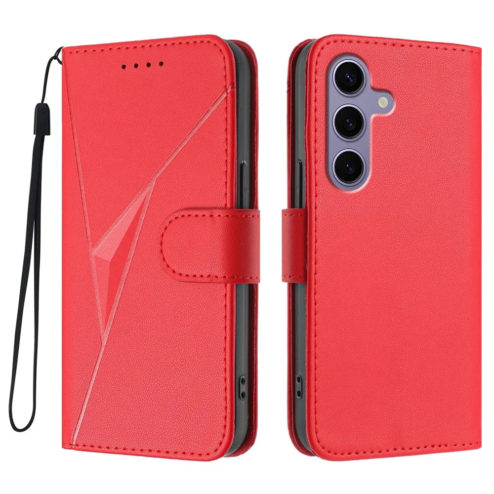 For Samsung Galaxy S24 / Galaxy S25 Case Triangle Imprint Leather Phone Cover with Lanyard - Red - 1