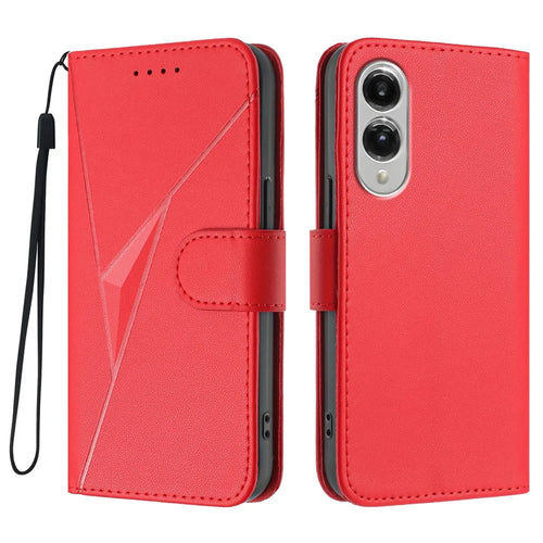 For Samsung Galaxy S25 Edge Case Triangle Imprint Leather Phone Cover with Lanyard - Red - 1