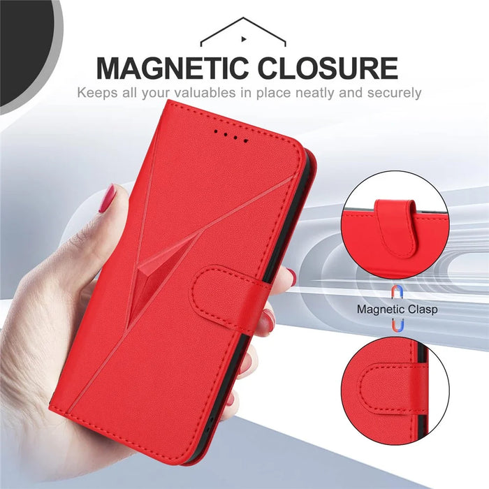 For Samsung Galaxy S25 Edge Case Triangle Imprint Leather Phone Cover with Lanyard - Red - 3