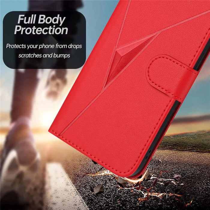 For Samsung Galaxy S25 Edge Case Triangle Imprint Leather Phone Cover with Lanyard - Red - 6