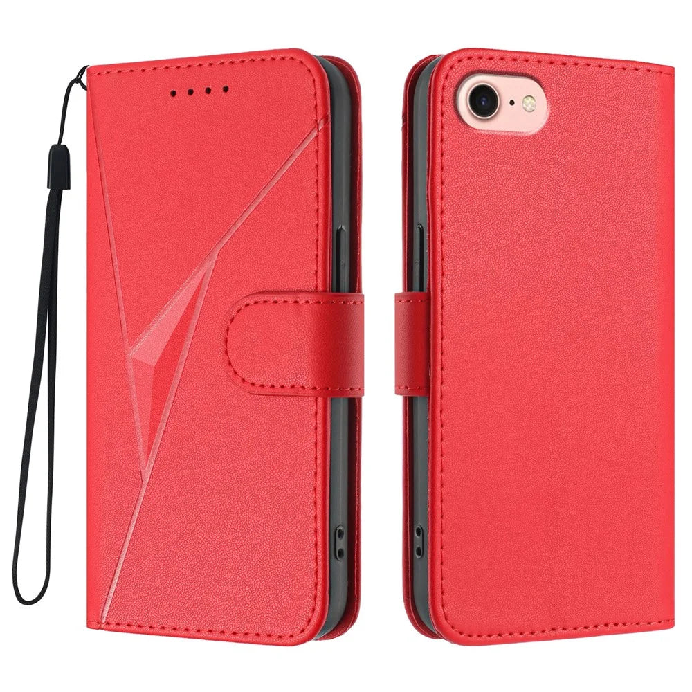 For iPhone 17e / 16e Case Triangle Imprint Leather Phone Cover with Lanyard - Red - 1