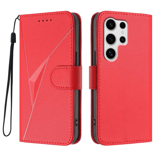 For Samsung Galaxy S25 Ultra Case Triangle Imprint Leather Phone Cover with Lanyard - Red - 1