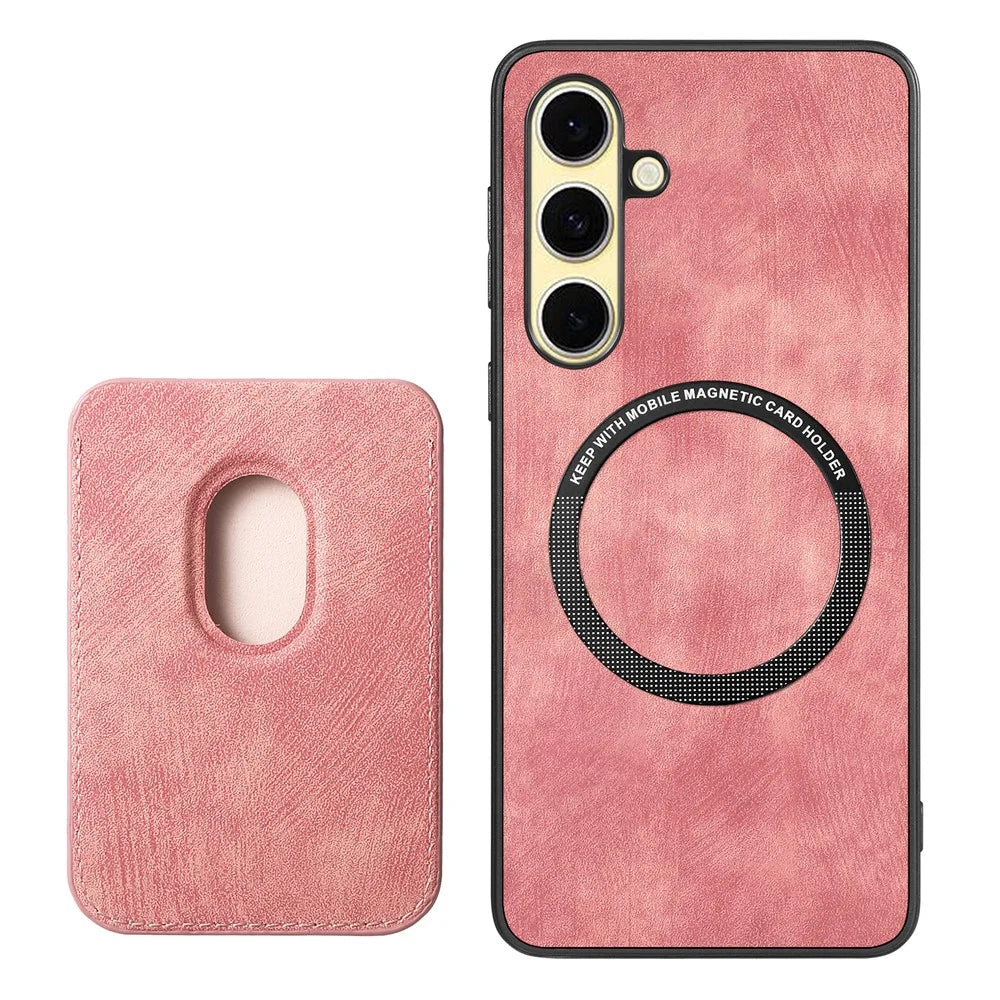 For Samsung Galaxy A26 5G Magnetic Case Leather Back Cover with Detachable Card Holder - Pink - 3