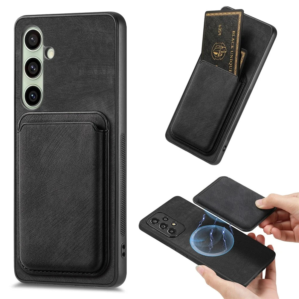 For Samsung Galaxy A36 5G Magnetic Case Leather Back Cover with Detachable Card Holder - Black - 1