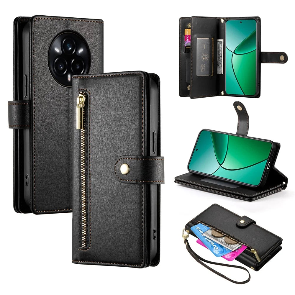 DF-011 For Realme 14 Pro 5G Case Zipper Pocket Wallet Leather Phone Cover with Straps - Black - 1