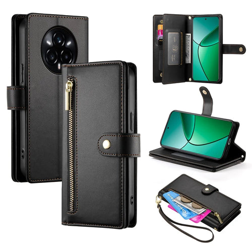 DF-011 For Realme 14 Pro 5G Case Zipper Pocket Wallet Leather Phone Cover with Straps - Black - 1