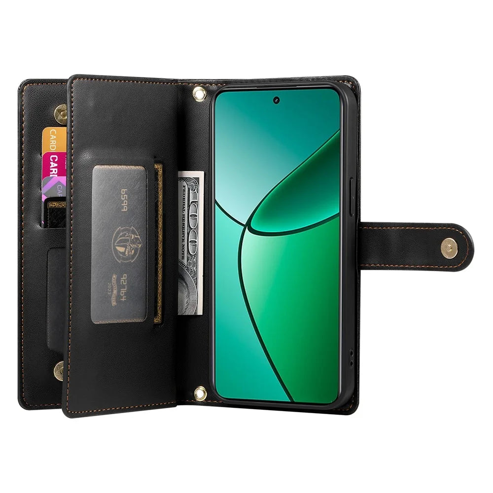 DF-011 For Realme 14 Pro 5G Case Zipper Pocket Wallet Leather Phone Cover with Straps - Black - 2