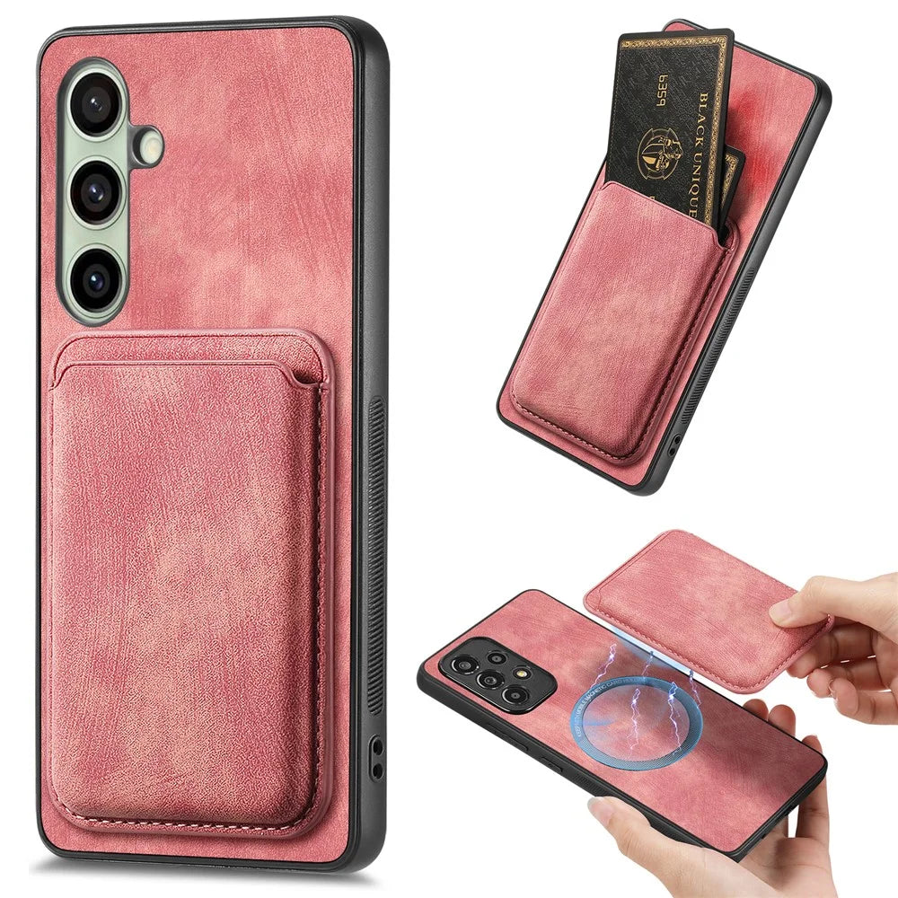 For Samsung Galaxy A56 5G Magnetic Case Leather Back Cover with Detachable Card Holder - Pink - 1