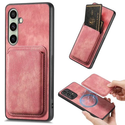 For Samsung Galaxy A56 5G Magnetic Case Leather Back Cover with Detachable Card Holder - Pink - 1