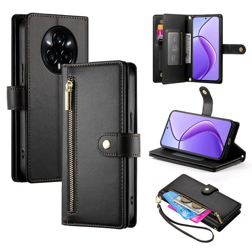DF-011 For Realme 14 Pro+ 5G Case Zipper Pocket Wallet Leather Phone Cover with Straps - Black - 1