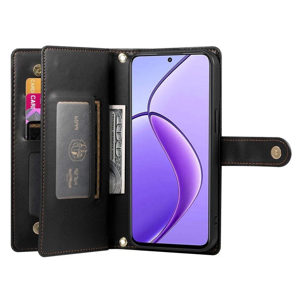 DF-011 For Realme 14 Pro+ 5G Case Zipper Pocket Wallet Leather Phone Cover with Straps - Black - 2
