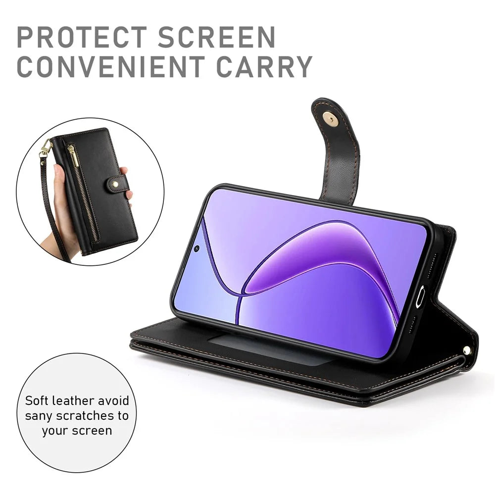 DF-011 For Realme 14 Pro+ 5G Case Zipper Pocket Wallet Leather Phone Cover with Straps - Black - 3