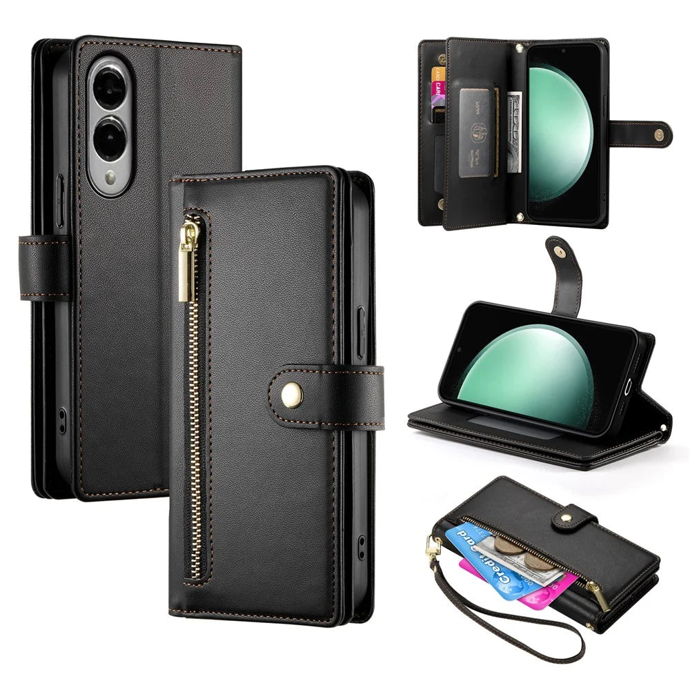 DF-011 For Samsung Galaxy S25 Edge Case Zipper Pocket Wallet Leather Phone Cover with Straps - Black - 1