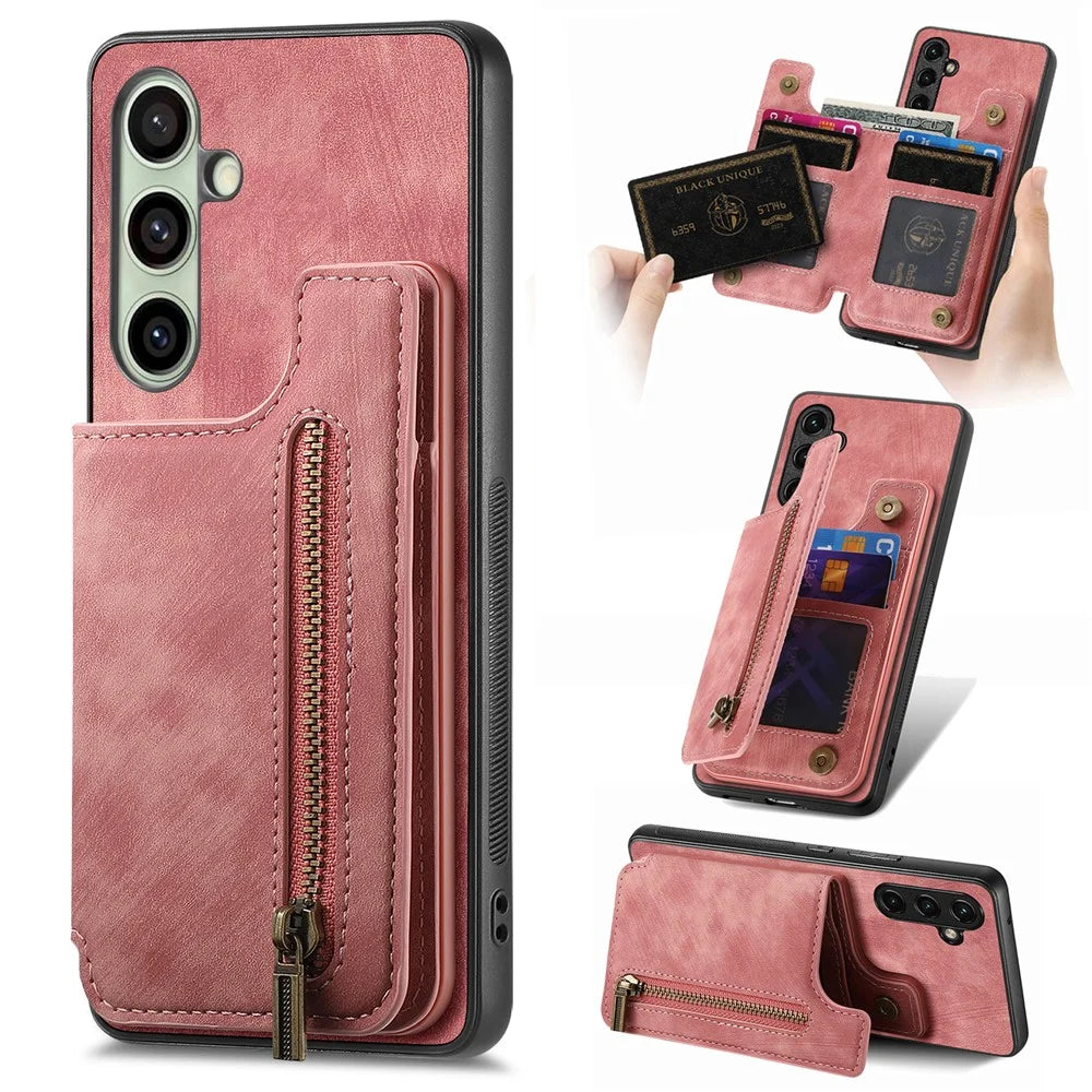 For Samsung Galaxy A26 5G Case with Zipper Card Holder Retro Leather TPU Phone Cover - Pink - 1