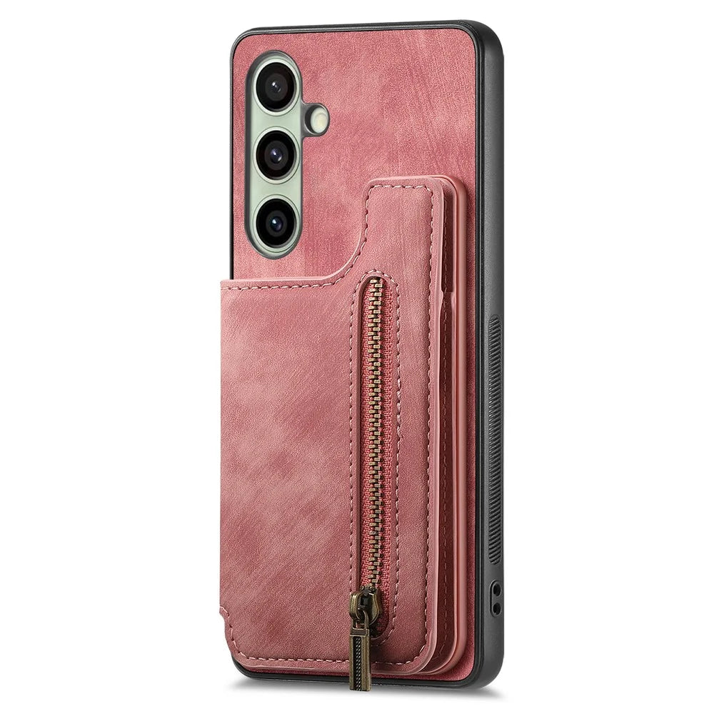 For Samsung Galaxy A26 5G Case with Zipper Card Holder Retro Leather TPU Phone Cover - Pink - 2