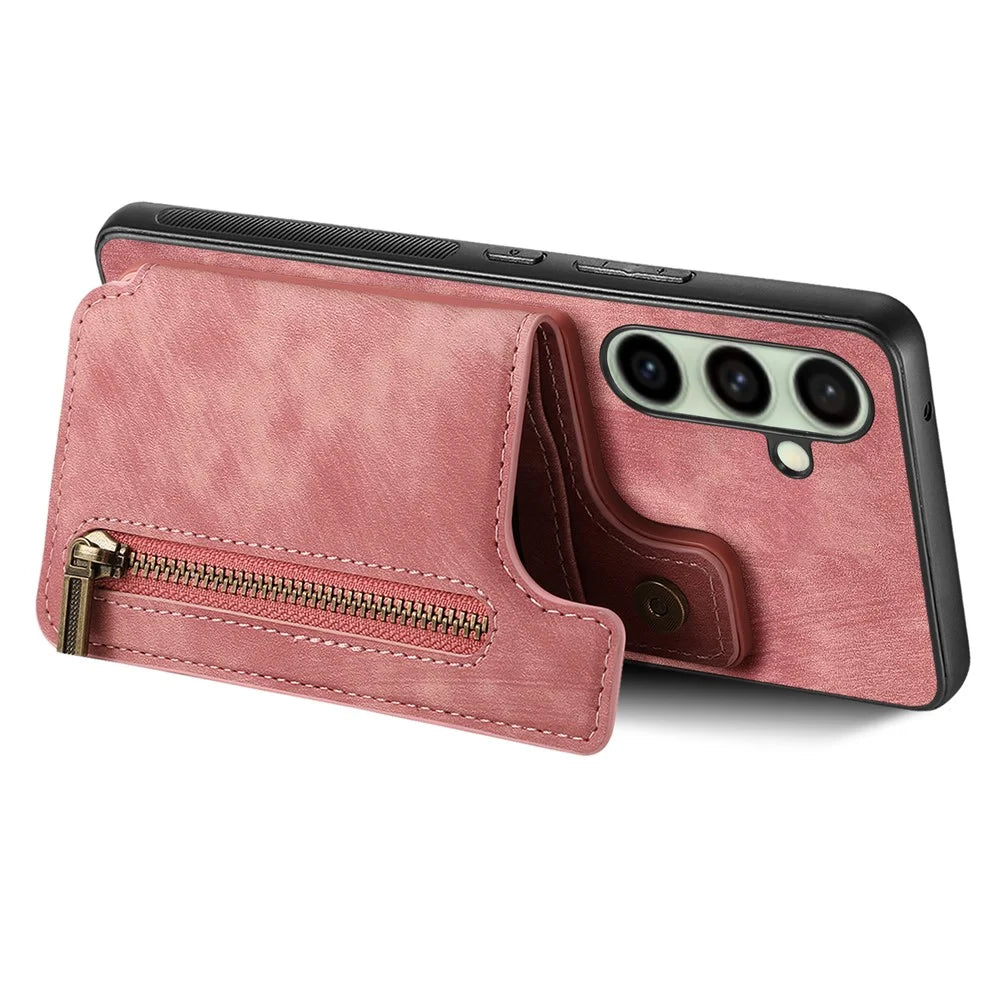 For Samsung Galaxy A26 5G Case with Zipper Card Holder Retro Leather TPU Phone Cover - Pink - 3