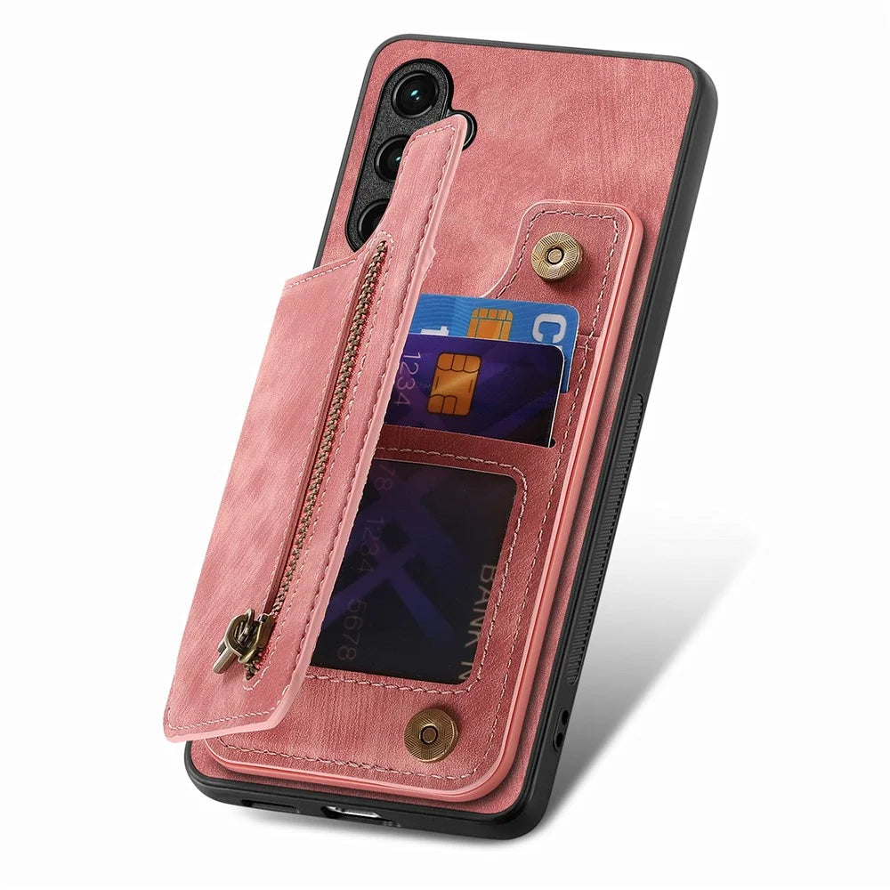 For Samsung Galaxy A26 5G Case with Zipper Card Holder Retro Leather TPU Phone Cover - Pink - 4