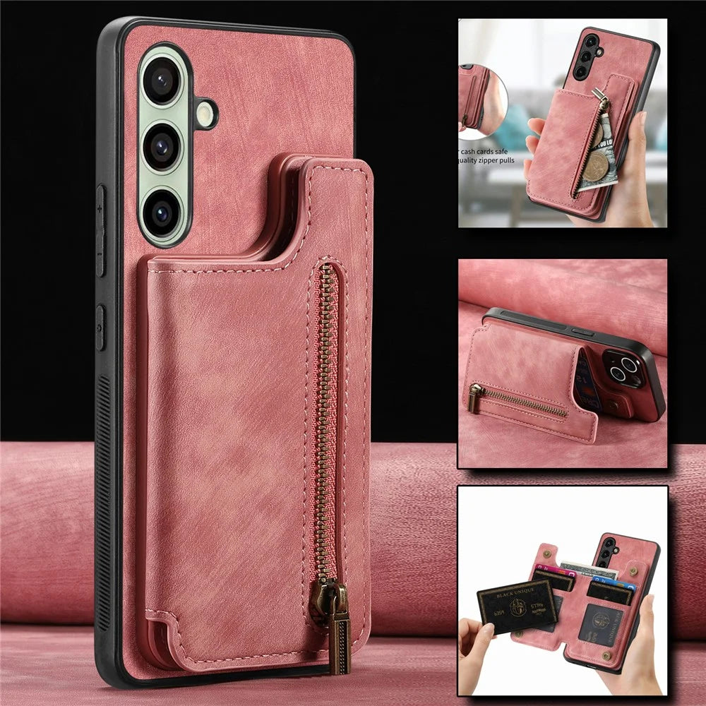 For Samsung Galaxy A26 5G Case with Zipper Card Holder Retro Leather TPU Phone Cover - Pink - 5