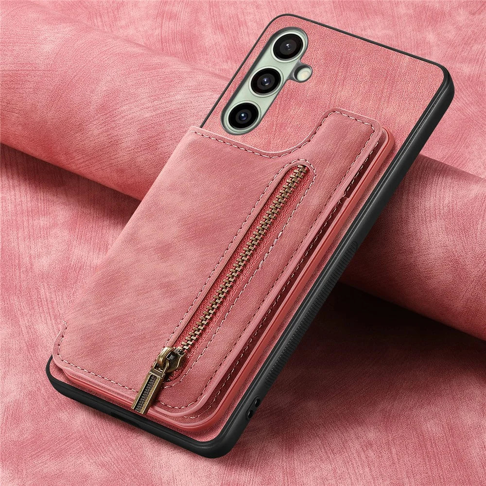For Samsung Galaxy A26 5G Case with Zipper Card Holder Retro Leather TPU Phone Cover - Pink - 6