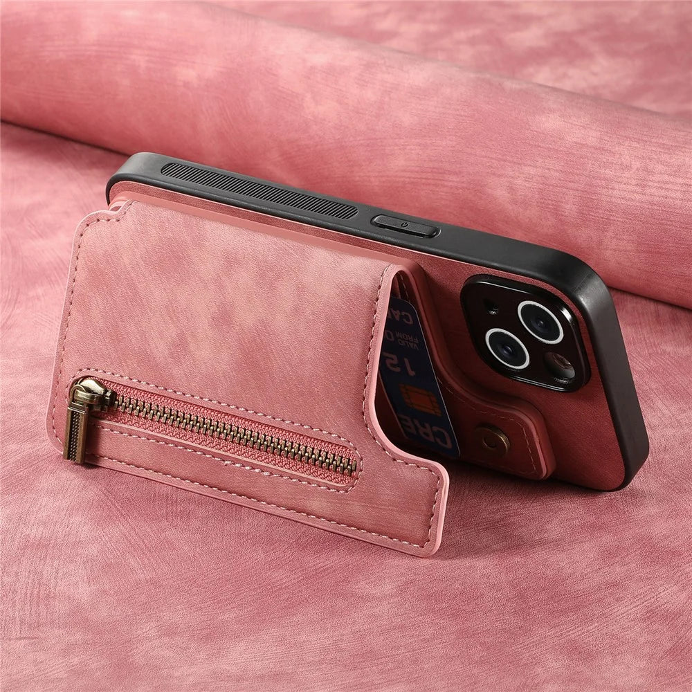 For Samsung Galaxy A26 5G Case with Zipper Card Holder Retro Leather TPU Phone Cover - Pink - 7