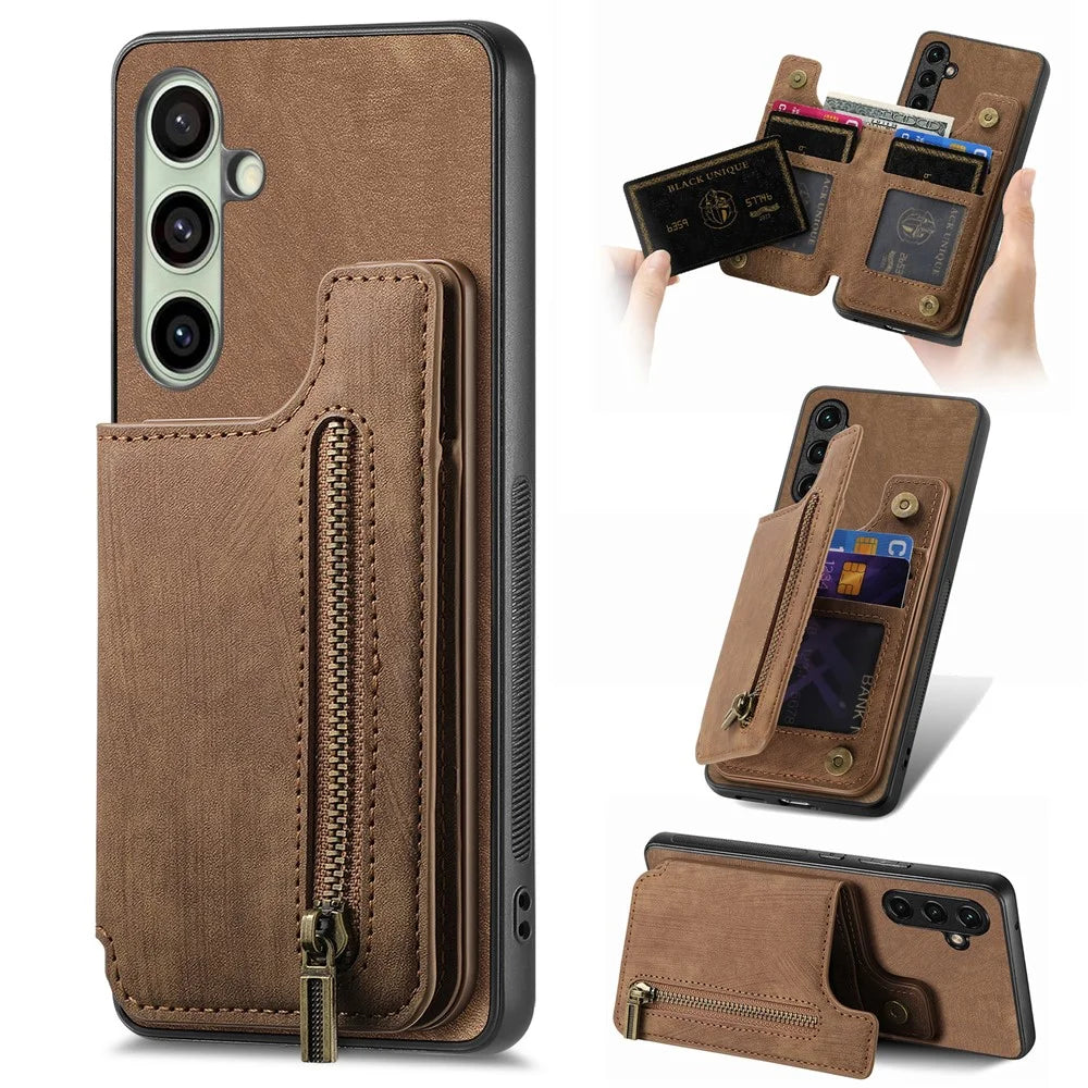 For Samsung Galaxy A56 5G Case with Zipper Card Holder Retro Leather TPU Phone Cover - Brown - 1