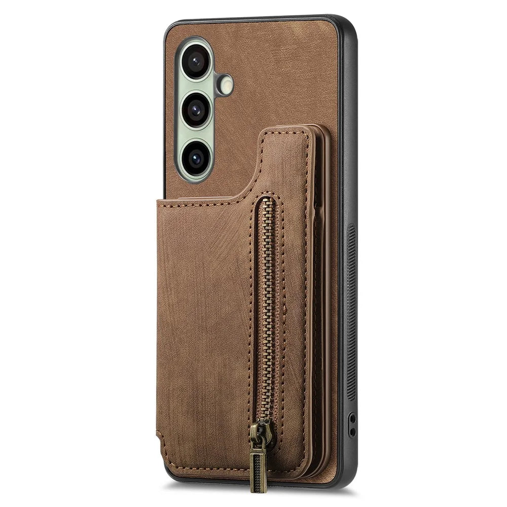 For Samsung Galaxy A56 5G Case with Zipper Card Holder Retro Leather TPU Phone Cover - Brown - 2