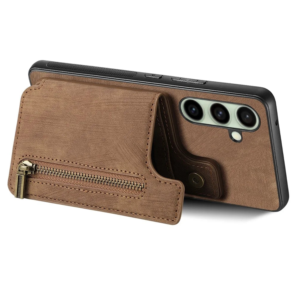 For Samsung Galaxy A56 5G Case with Zipper Card Holder Retro Leather TPU Phone Cover - Brown - 3