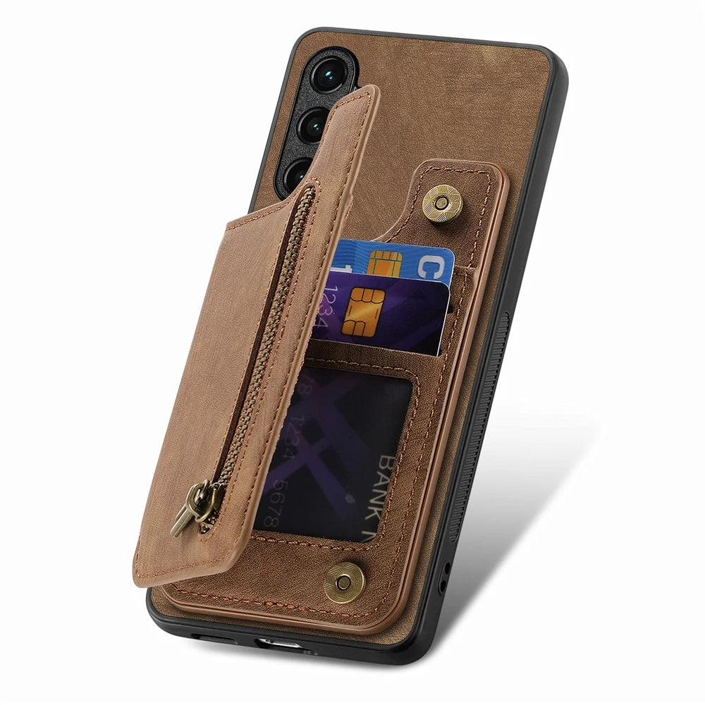 For Samsung Galaxy A56 5G Case with Zipper Card Holder Retro Leather TPU Phone Cover - Brown - 4