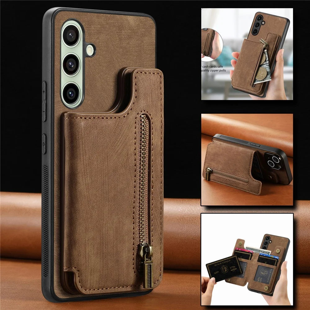 For Samsung Galaxy A56 5G Case with Zipper Card Holder Retro Leather TPU Phone Cover - Brown - 5