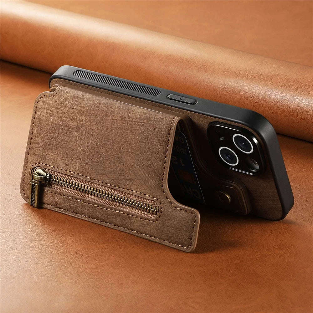 For Samsung Galaxy A56 5G Case with Zipper Card Holder Retro Leather TPU Phone Cover - Brown - 6