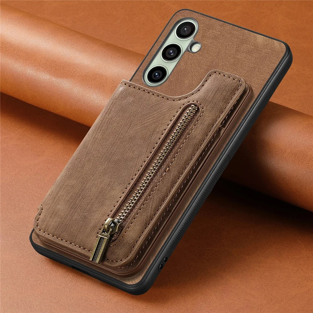 For Samsung Galaxy A56 5G Case with Zipper Card Holder Retro Leather TPU Phone Cover - Brown - 7