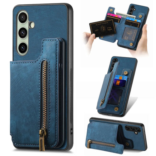 For Samsung Galaxy S25 Case with Zipper Card Holder Retro Leather TPU Phone Cover - Blue - 1