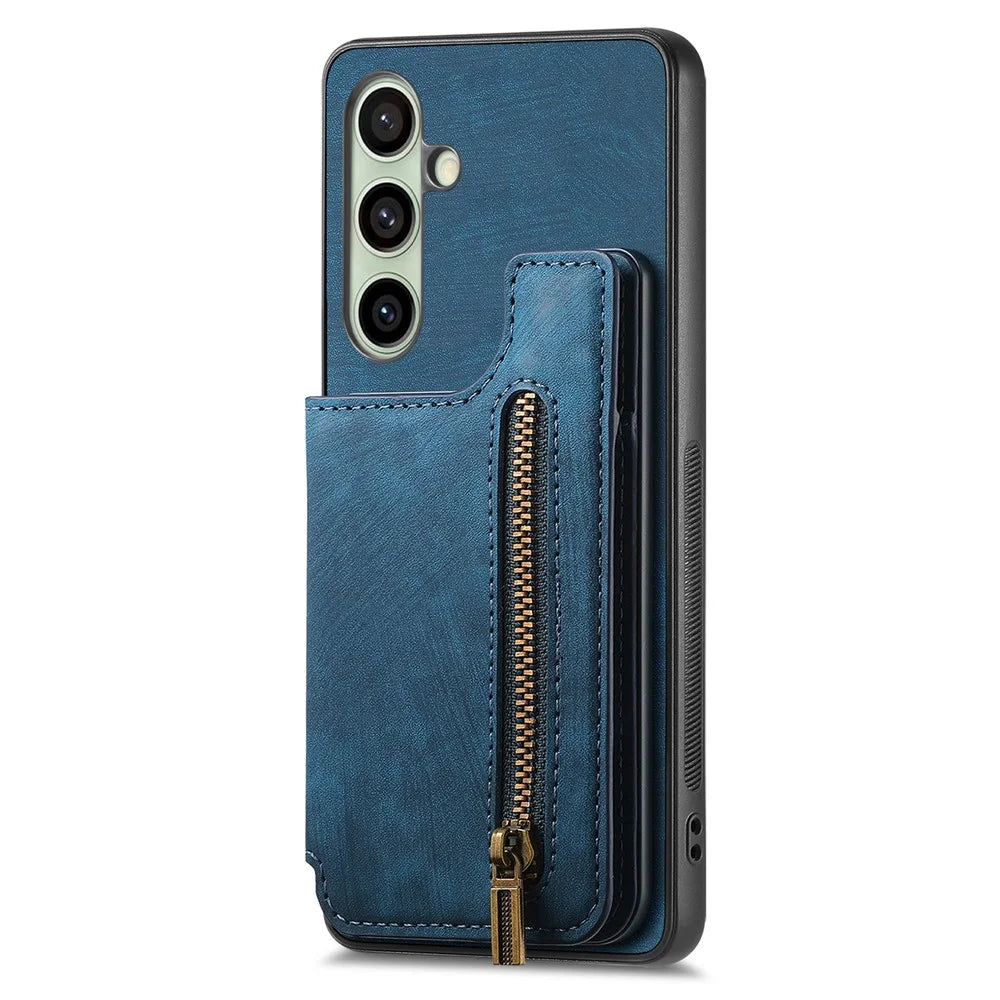 For Samsung Galaxy S25 Case with Zipper Card Holder Retro Leather TPU Phone Cover - Blue - 2