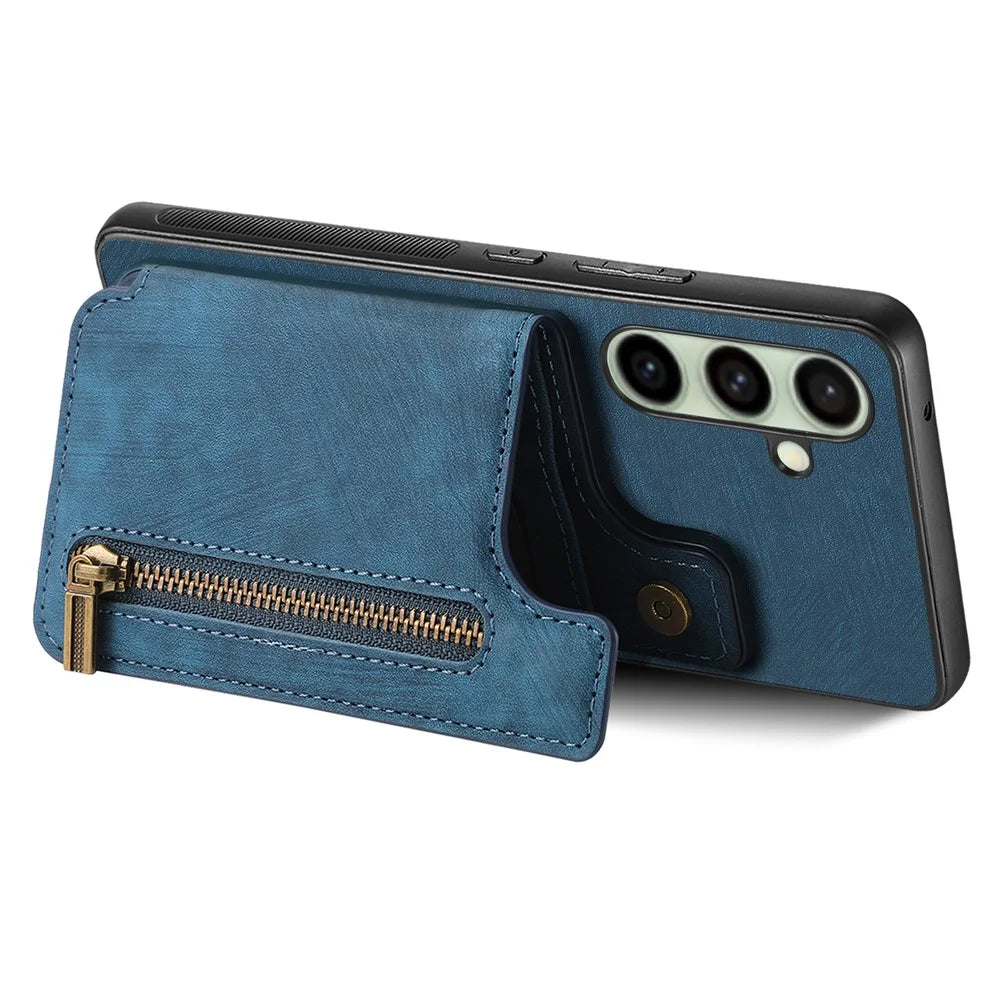 For Samsung Galaxy S25 Case with Zipper Card Holder Retro Leather TPU Phone Cover - Blue - 3