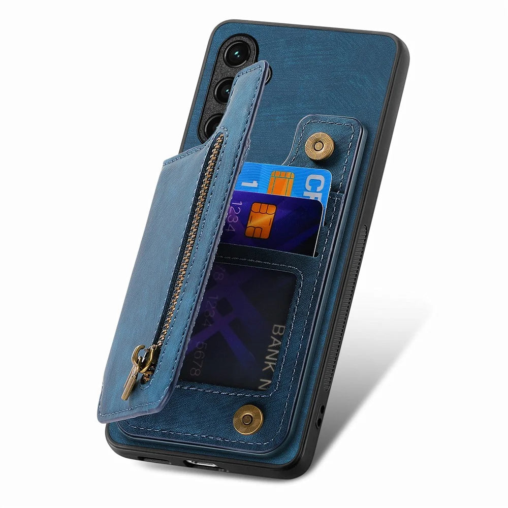 For Samsung Galaxy S25 Case with Zipper Card Holder Retro Leather TPU Phone Cover - Blue - 4