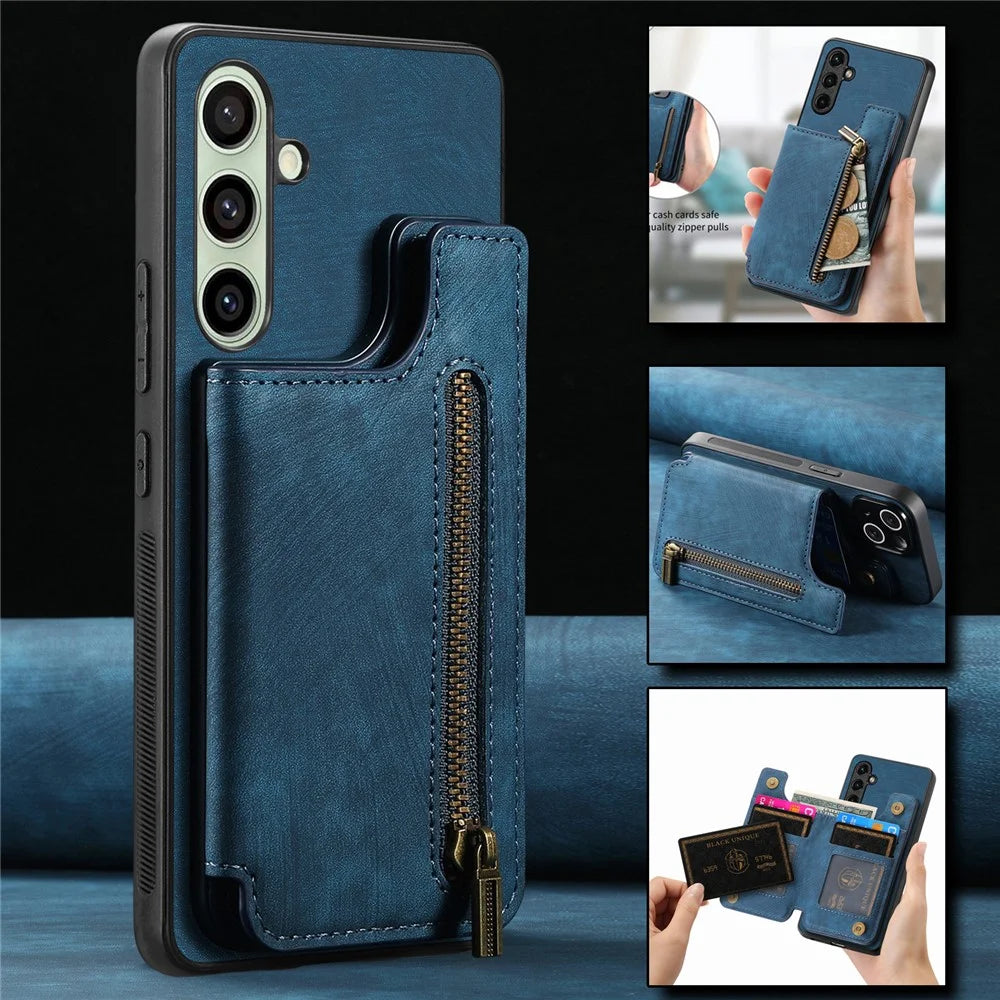 For Samsung Galaxy S25 Case with Zipper Card Holder Retro Leather TPU Phone Cover - Blue - 5