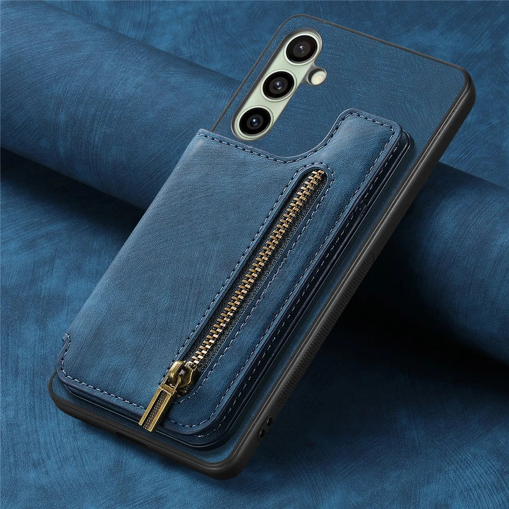 For Samsung Galaxy S25 Case with Zipper Card Holder Retro Leather TPU Phone Cover - Blue - 6