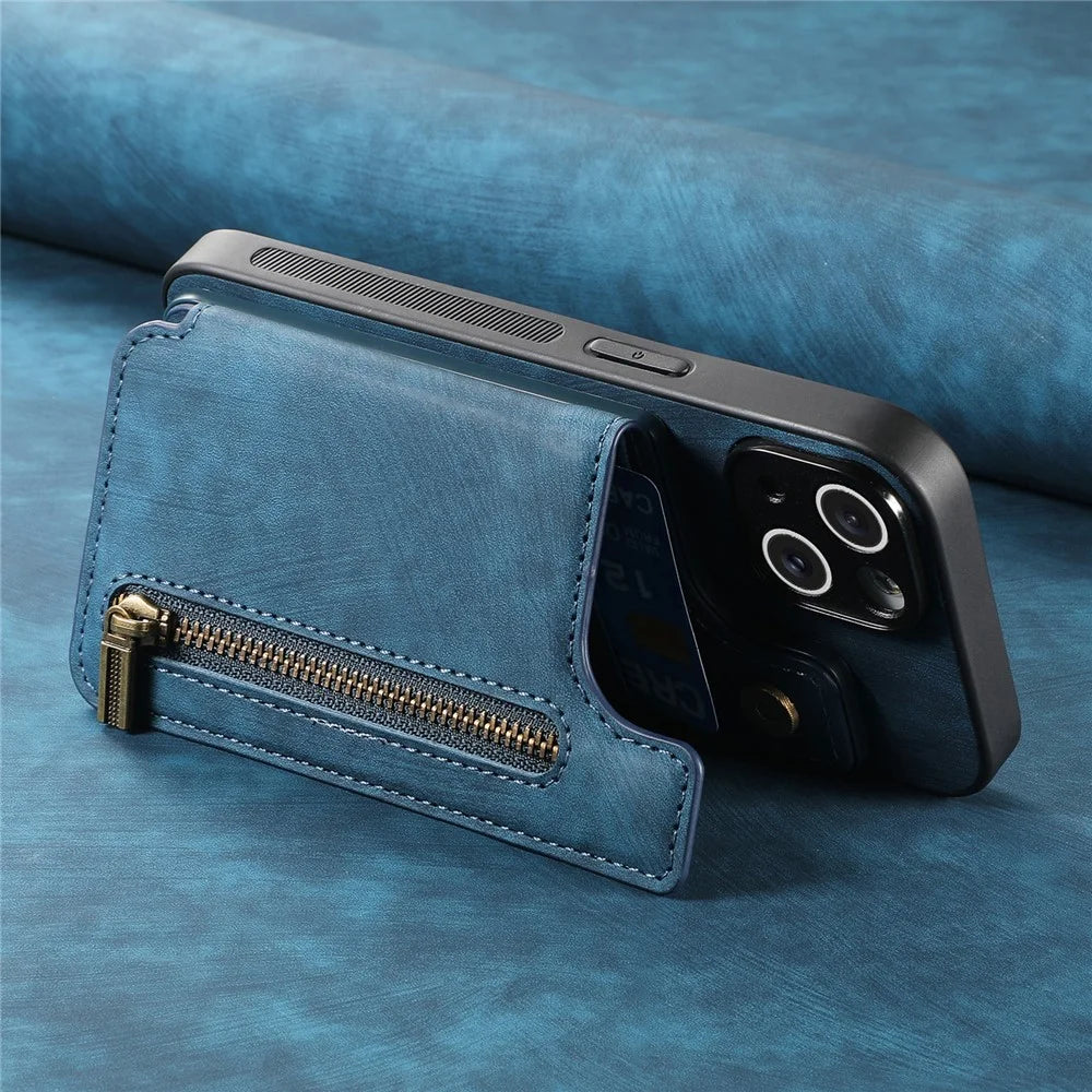 For Samsung Galaxy S25 Case with Zipper Card Holder Retro Leather TPU Phone Cover - Blue - 7