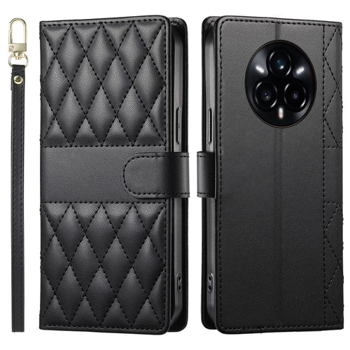 For Realme 14 Pro 5G Case Rhombus Stitching Wallet Stand Leather Phone Cover with Long  /  Short Strap - Black - 1